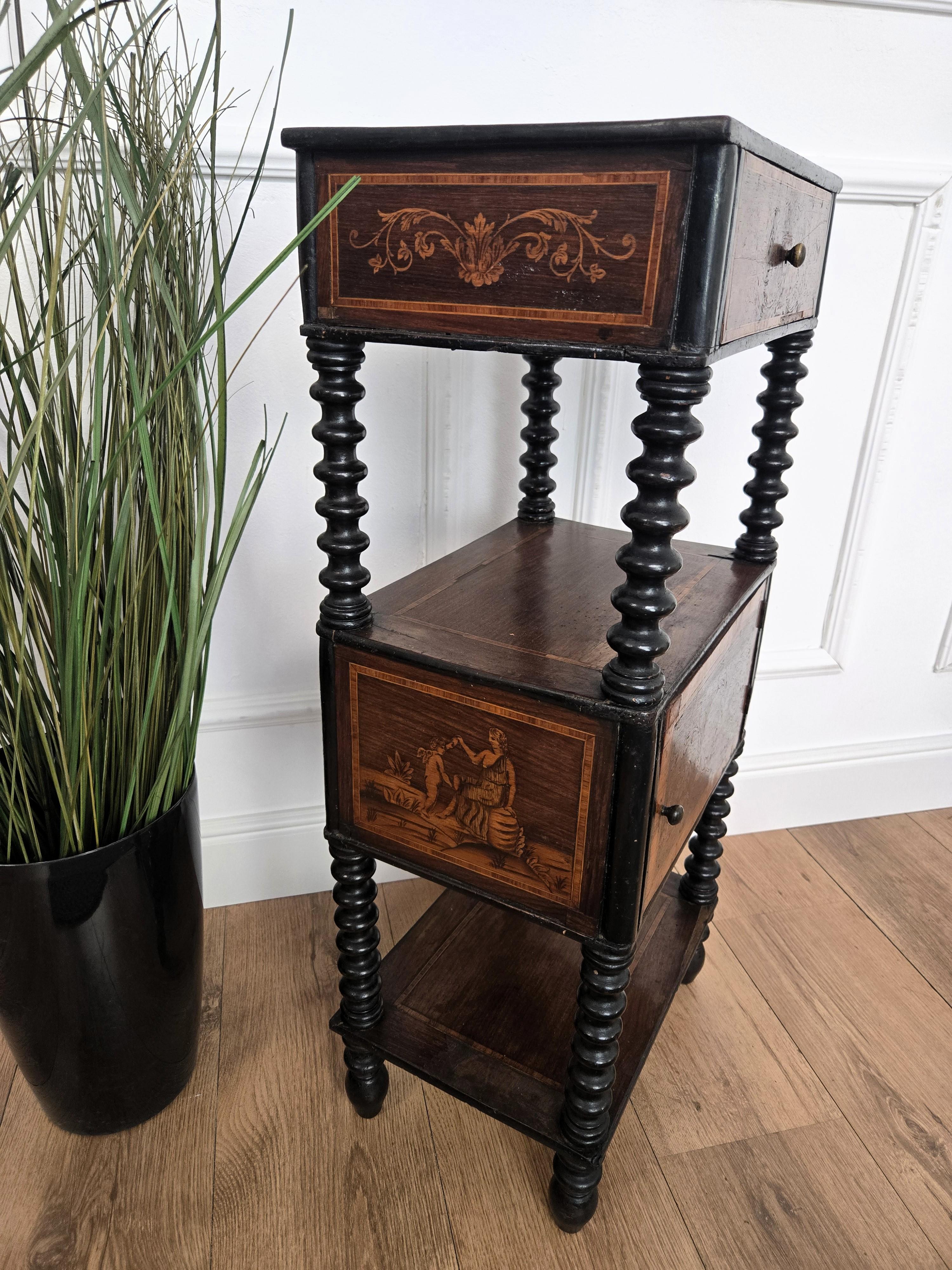 Italian Antique Marquetry Fruitwood Inlay Bobbin Turned Sofa Side Table For Sale 1