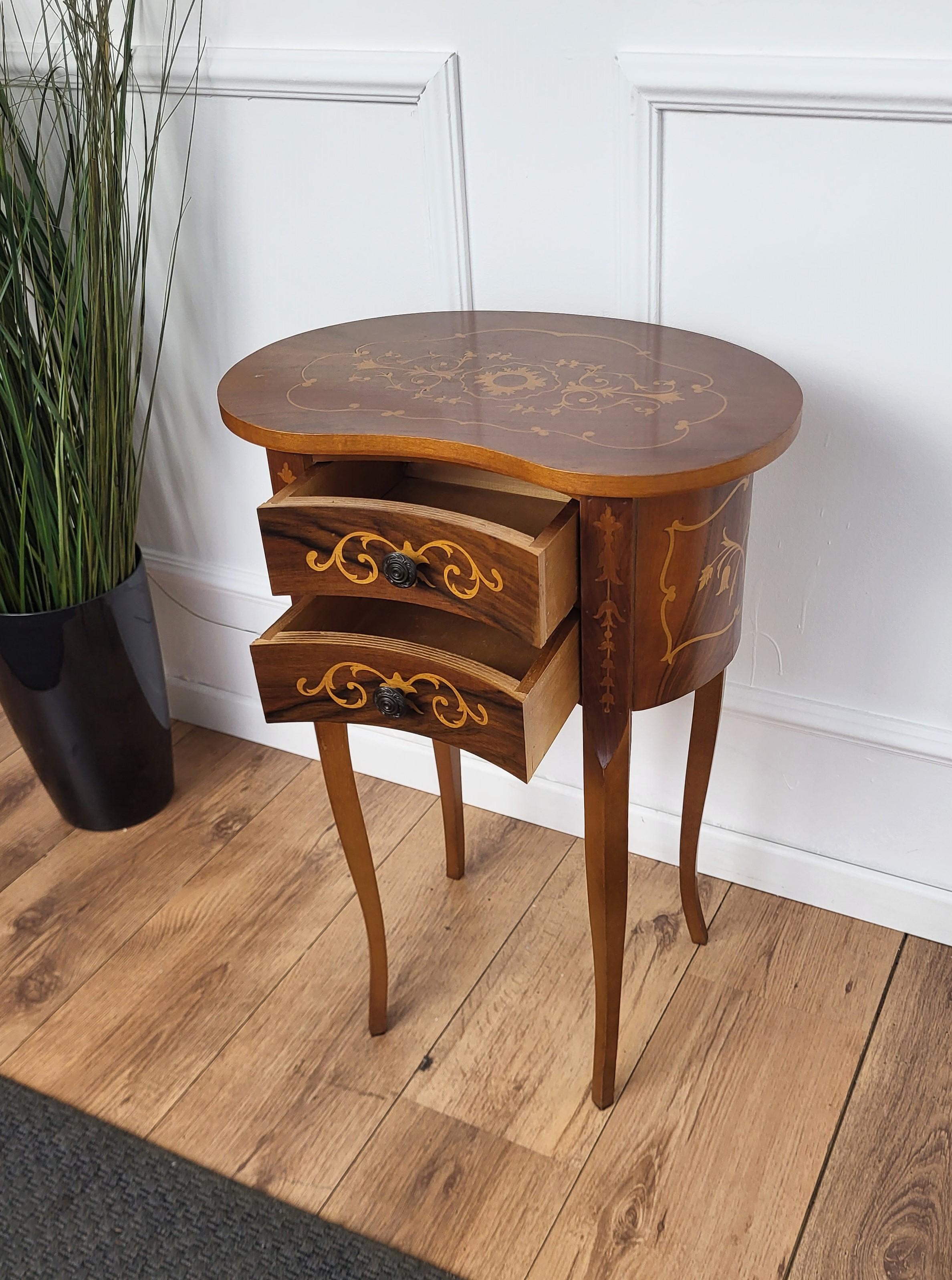 Louis XV Italian Antique Marquetry Kidney Shaped Walnut Side Table with Two Drawers For Sale