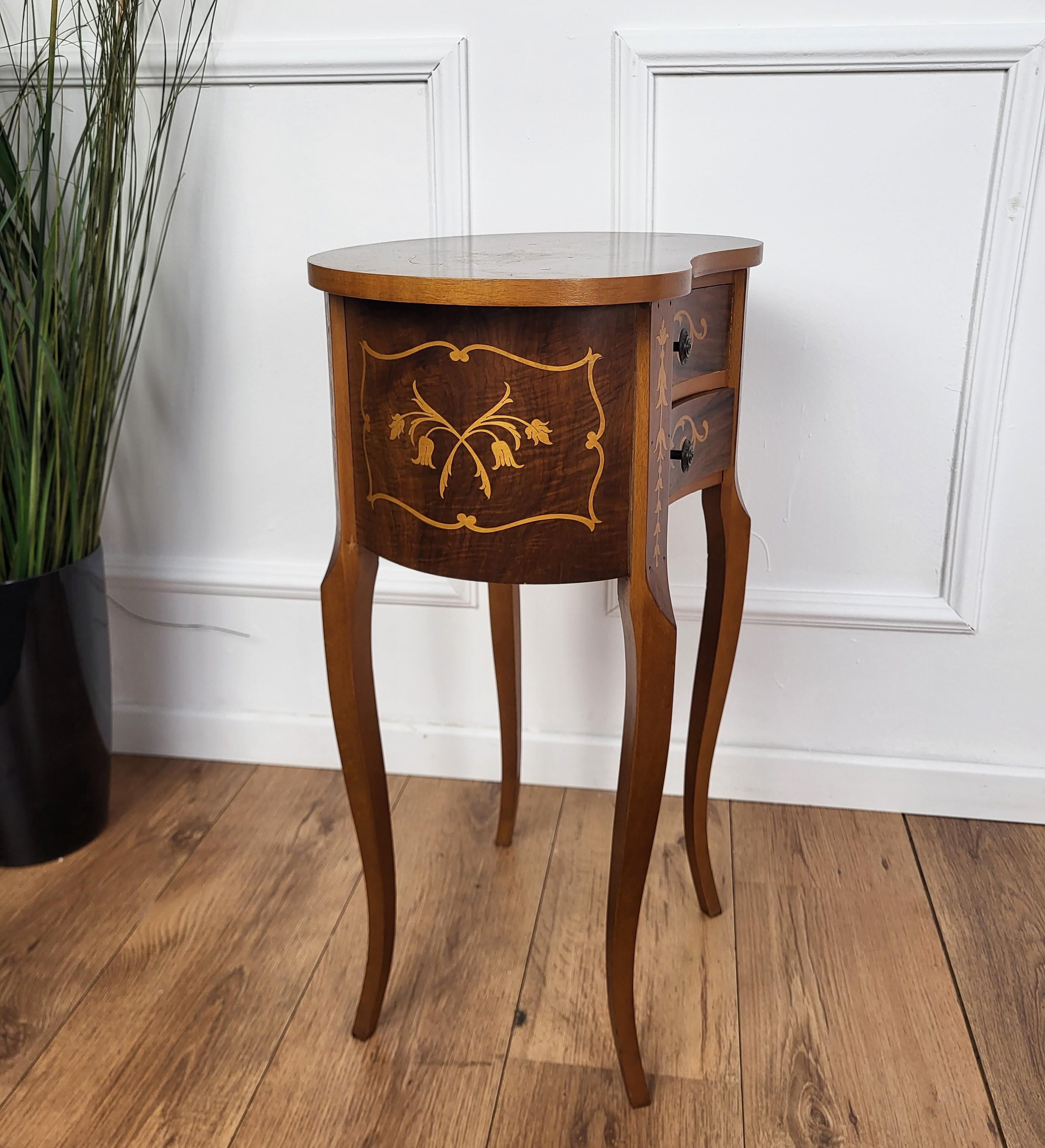 20th Century Italian Antique Marquetry Kidney Shaped Walnut Side Table with Two Drawers For Sale