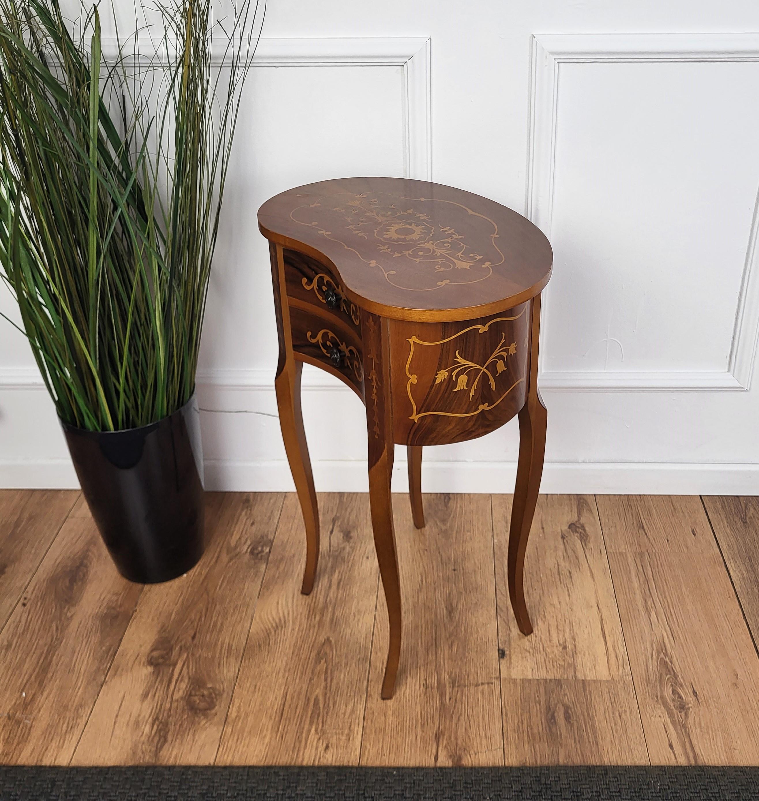 Italian Antique Marquetry Kidney Shaped Walnut Side Table with Two Drawers For Sale 1