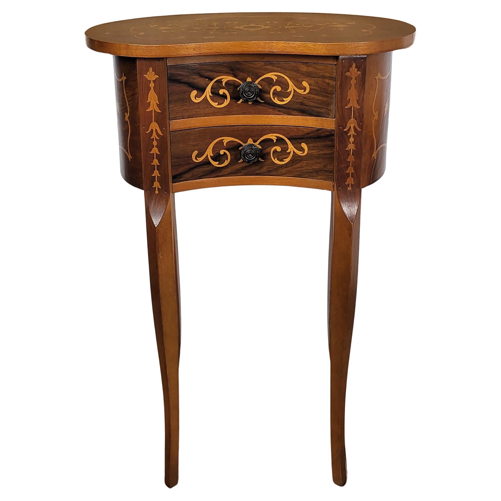 Italian Antique Marquetry Kidney Shaped Walnut Side Table with Two Drawers For Sale
