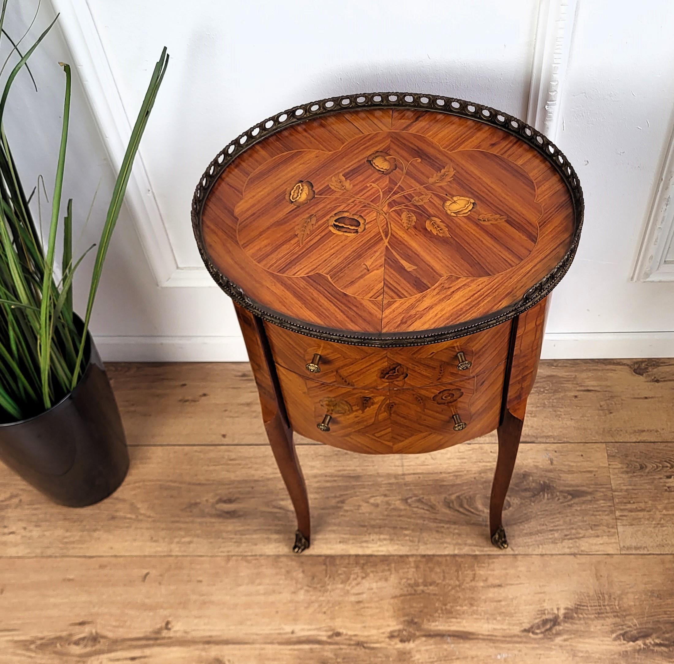 Louis XV Italian Antique Marquetry Walnut Side Table with Three Drawers For Sale