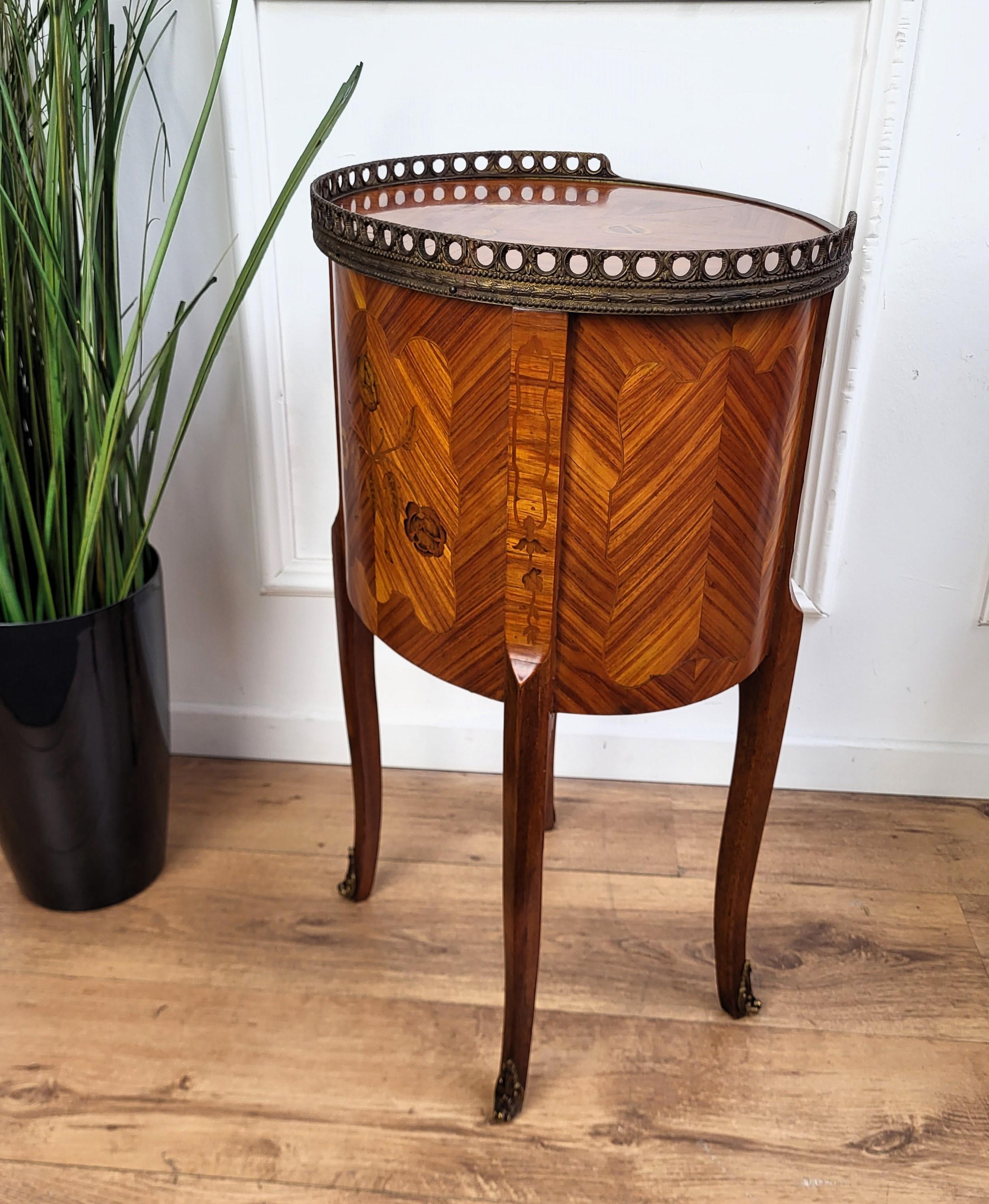 Bronze Italian Antique Marquetry Walnut Side Table with Three Drawers For Sale