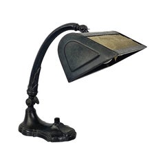 Italian antique ministerial table lamp in black metal and fabric, 1900s