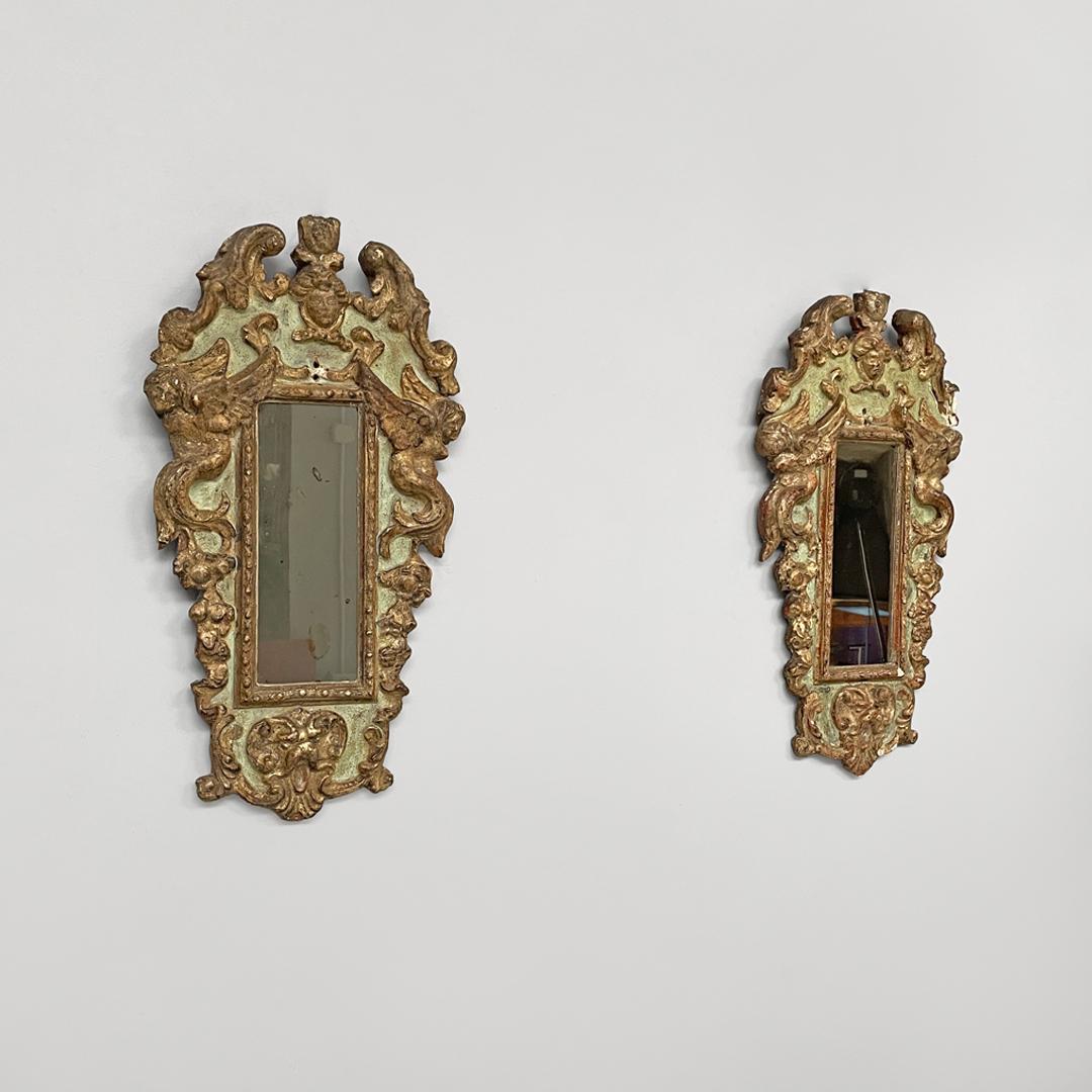 Italian antique mirrors in rectangular golden and light green wood, 1900s
Rectangular wooden wall mirrors. The frame is made of finely crafted wood, painted gold and lacquered in light green. It features curlicue and scroll decorations, winged