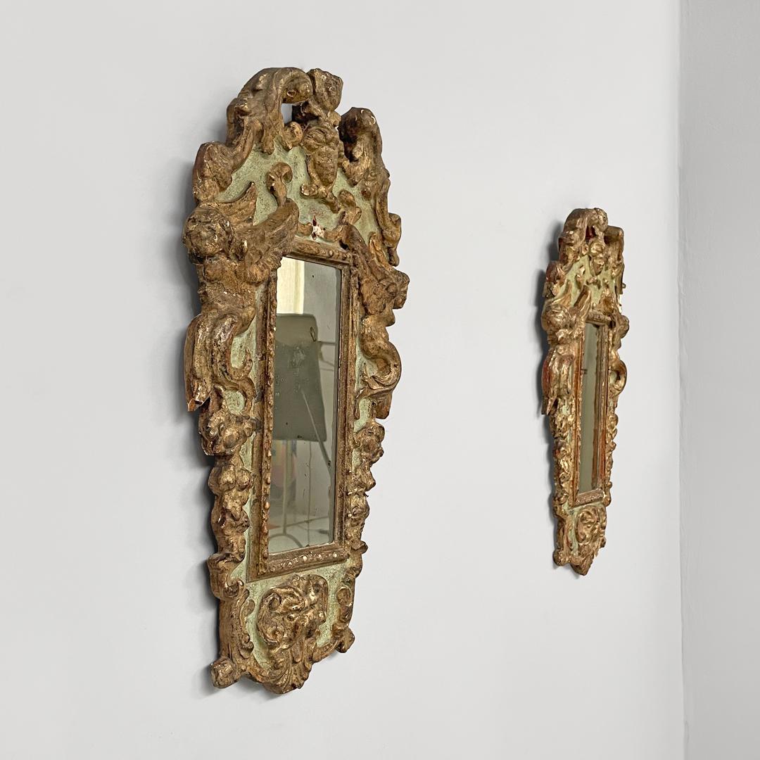 Italian antique mirrors in rectangular golden and light green wood, 1900s In Distressed Condition For Sale In MIlano, IT