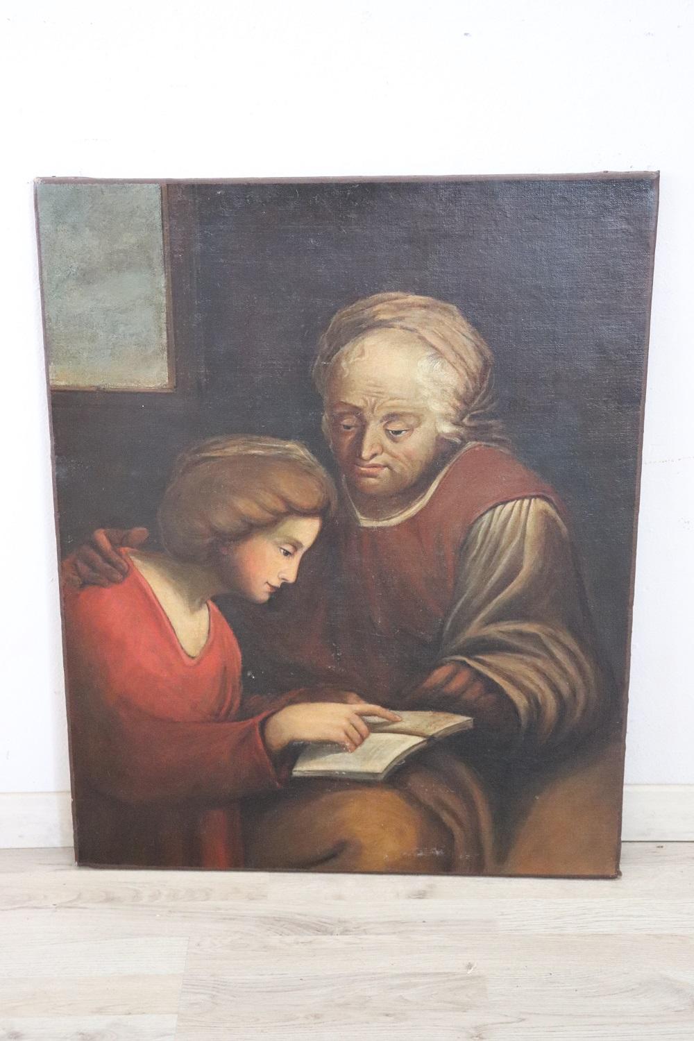 Beautiful antique Italian oil painting on canvas 1850s. Old woman with girl. High artistic quality. Sold unframed.