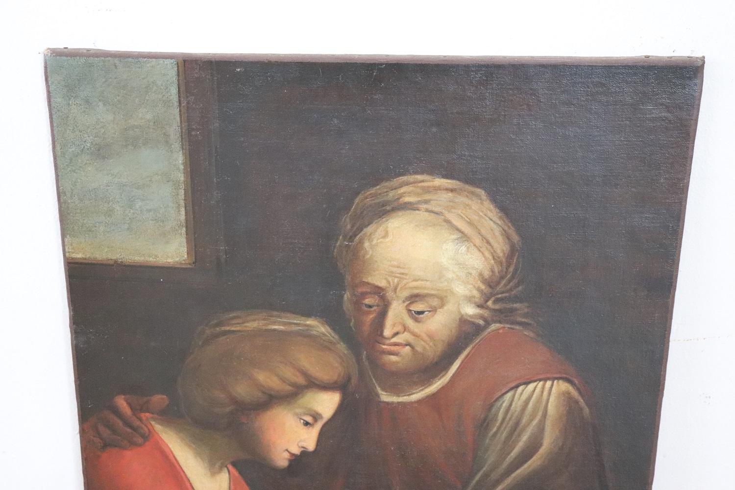Oiled Italian Antique Oil Painting on Canvas Old Woman with Girl For Sale