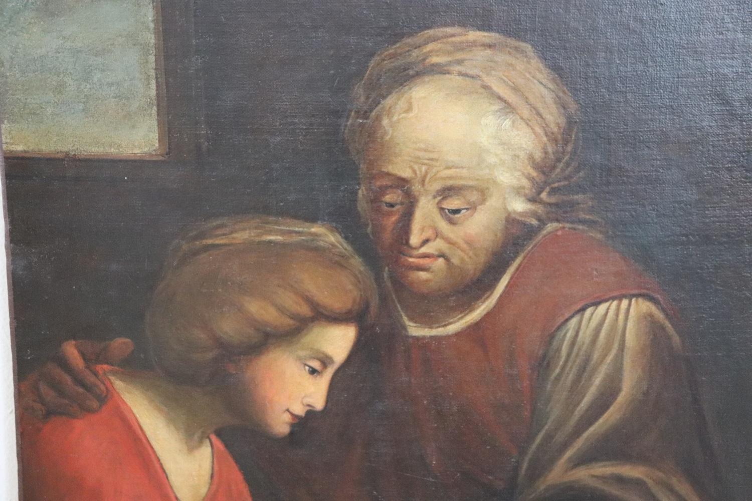 Italian Antique Oil Painting on Canvas Old Woman with Girl In Good Condition For Sale In Casale Monferrato, IT