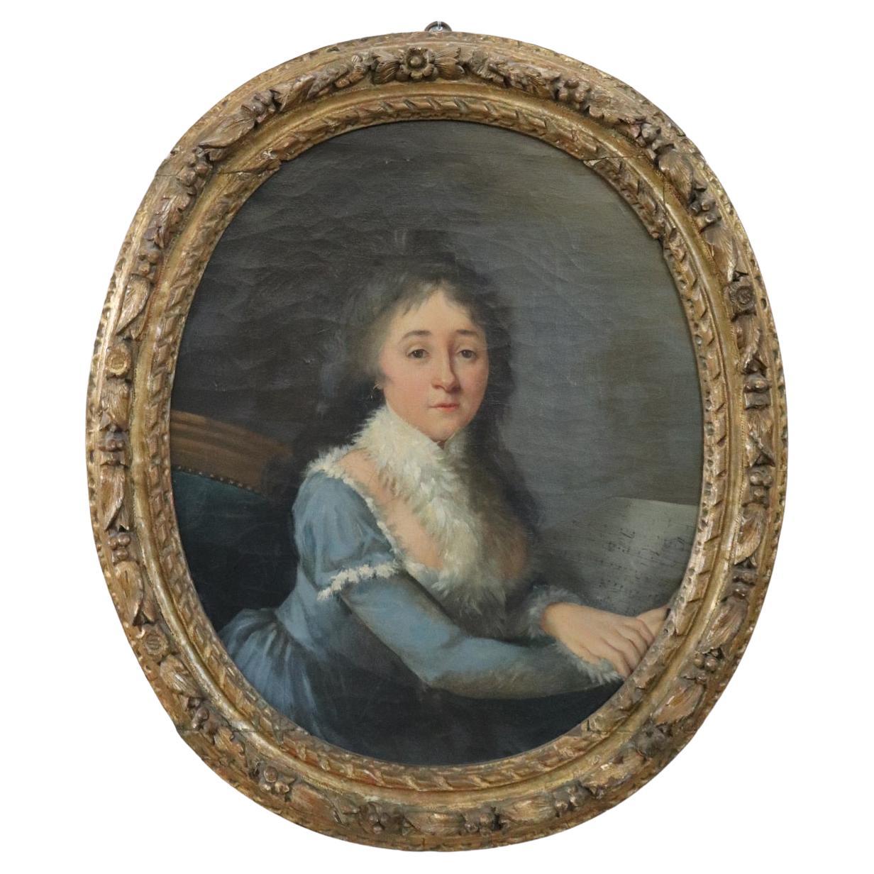 Peinture à l'huile italienne ancienne sur toile - Portrait d'une fille avec une partition de musique en vente
