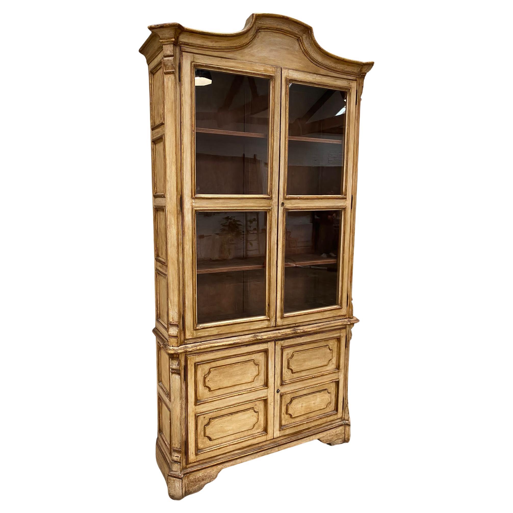 Italian Antique Painted and Gilded Glazed Cabinet Bookcase, 1920's For Sale