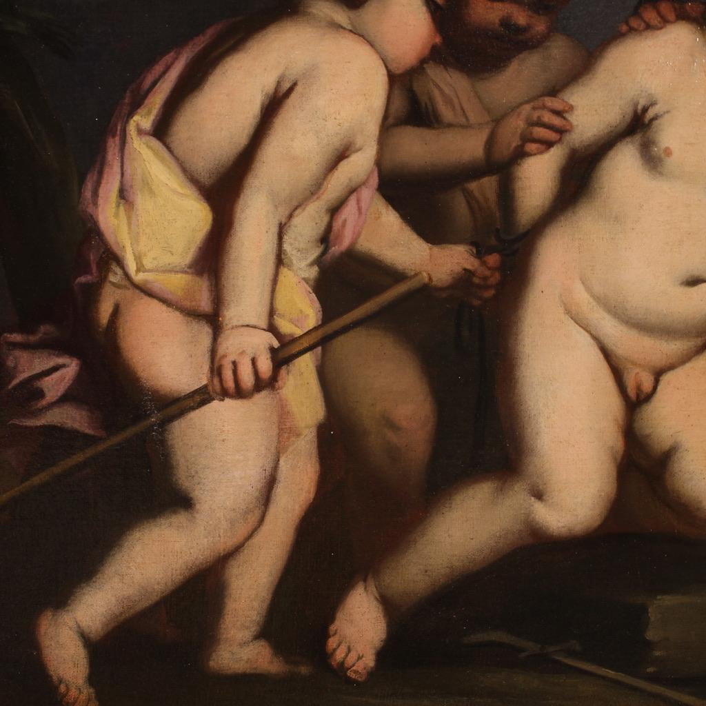 Italian Antique Painting Oil on Canvas Cherub Games from the 17th century in vendita 4
