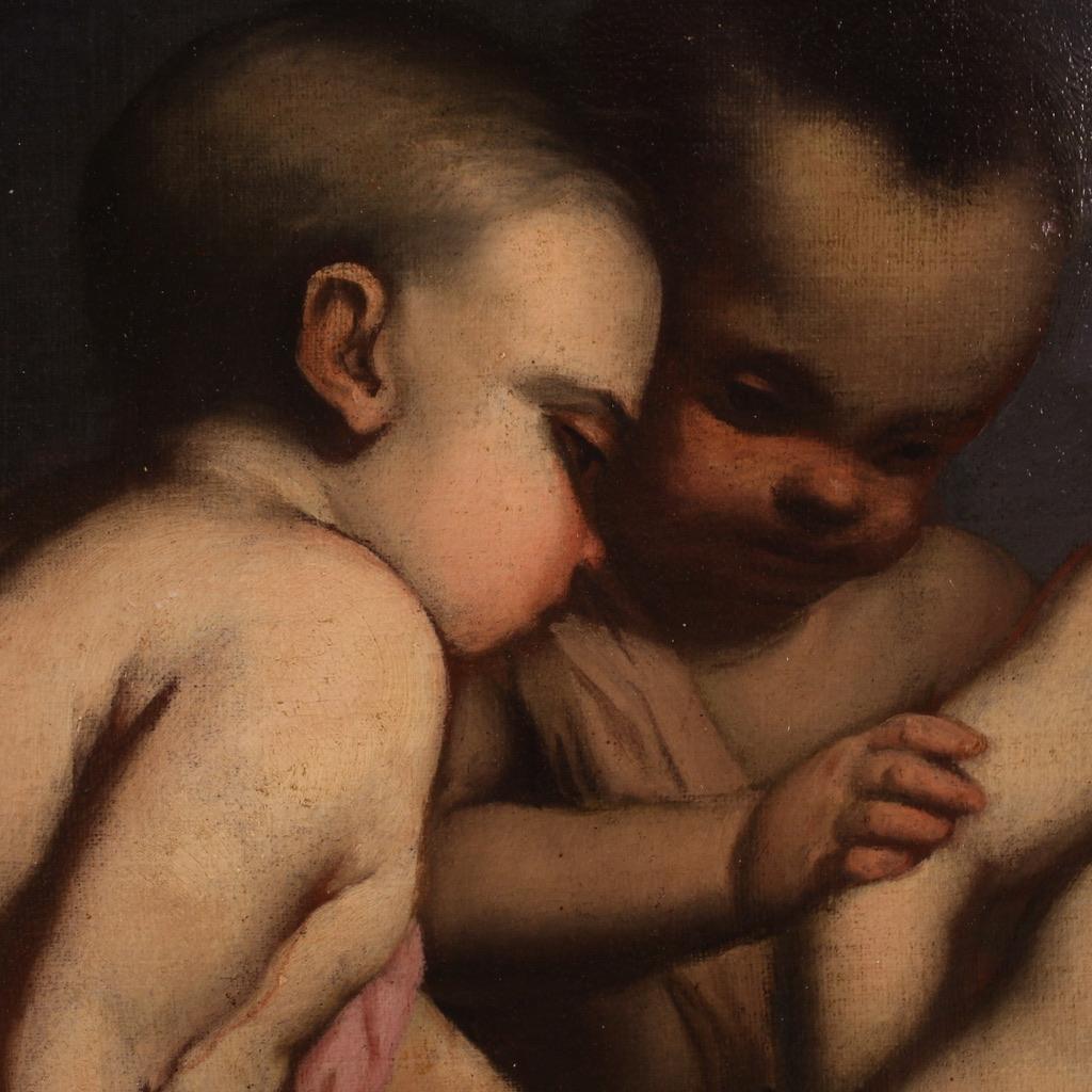 Italian Antique Painting Oil on Canvas Cherub Games from the 17th century in vendita 8