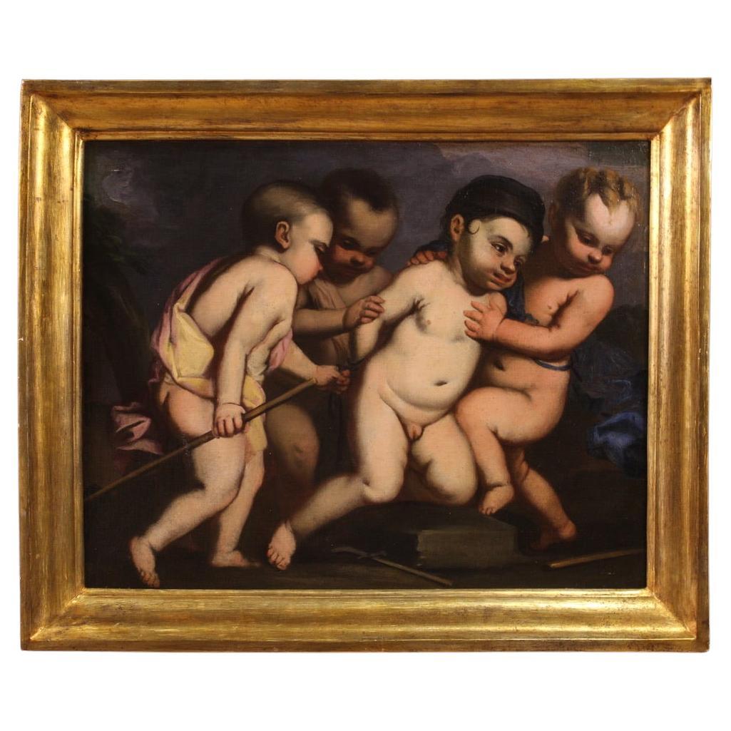 Italian Antique Painting Oil on Canvas Cherub Games from the 17th century in vendita
