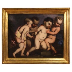 Italian Antique Painting Oil on Canvas Cherub Games from the 17th century