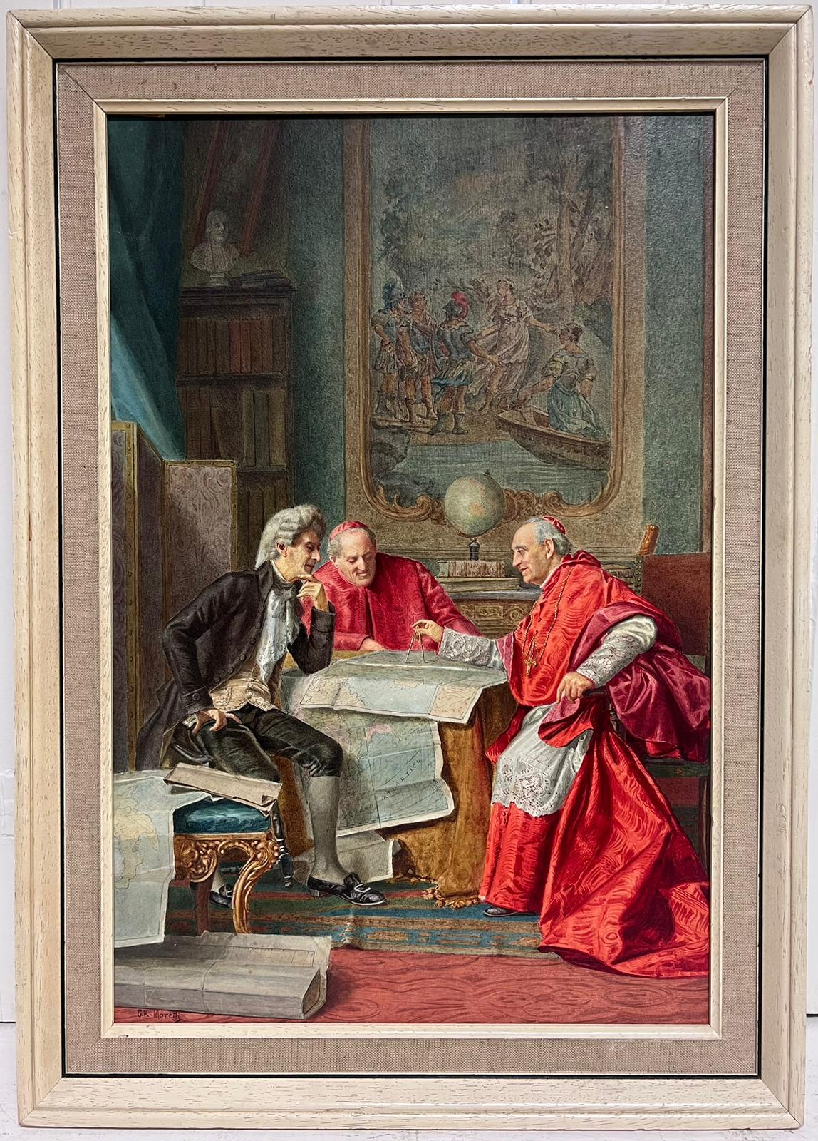 Cardinals & Explorer Discussing Maps Grand Elaborate Interior Antique Painting - Black Figurative Painting by Italian antique