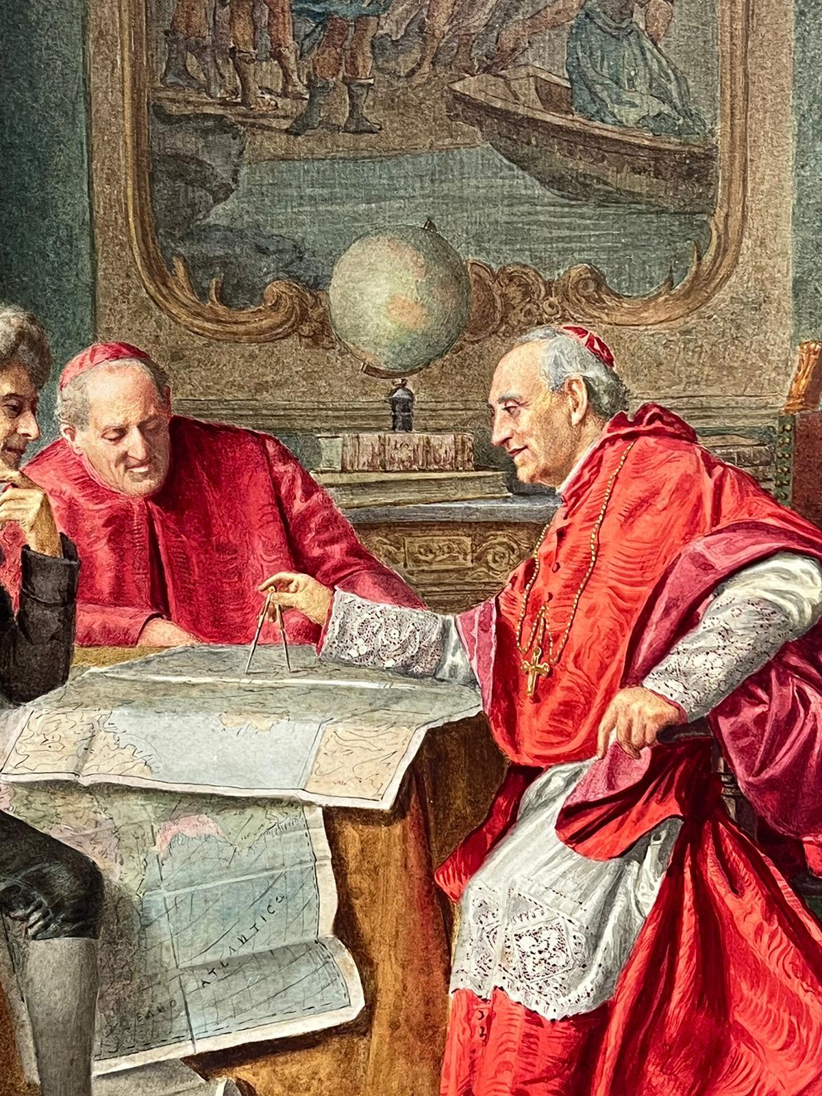 Cardinals & Explorer Discussing Maps Grand Elaborate Interior Antique Painting - Black Figurative Painting by Italian antique