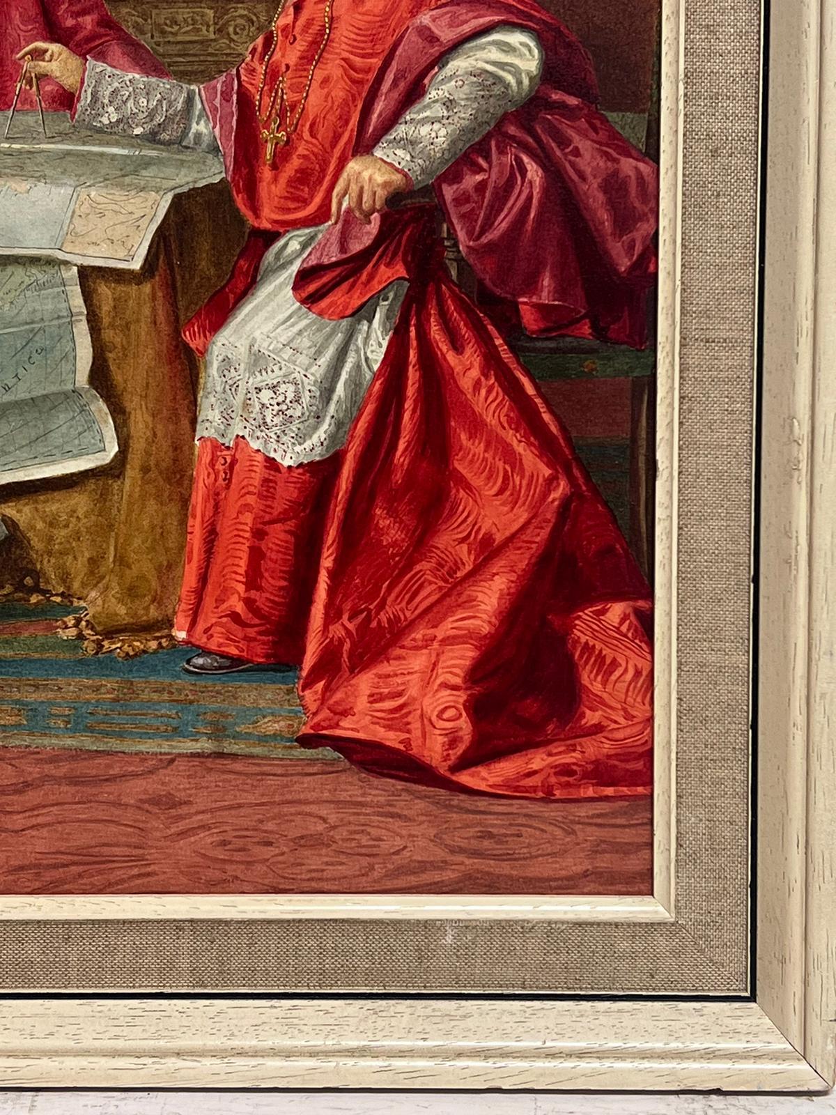 Cardinals & Explorer Discussing Maps Grand Elaborate Interior Antique Painting For Sale 1