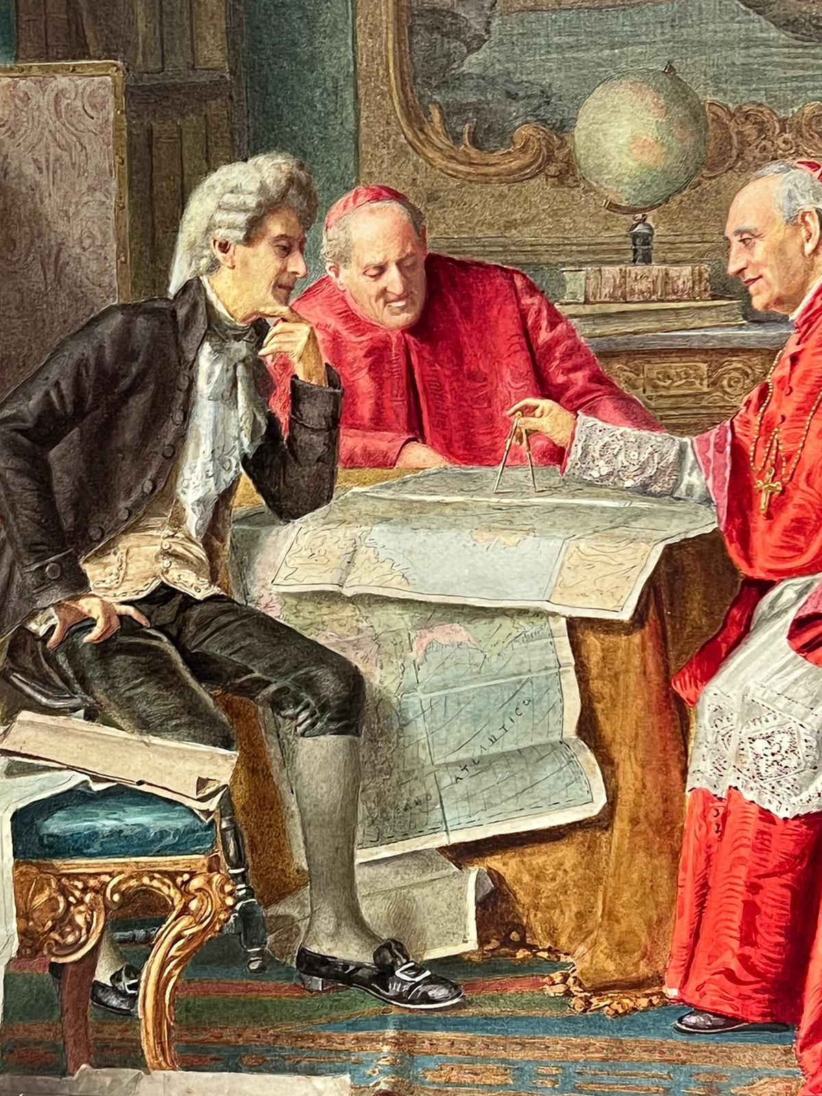 Cardinals & Explorer Discussing Maps Grand Elaborate Interior Antique Painting For Sale 2