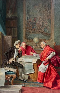 Cardinals & Explorer Discussing Maps Grand Elaborate Interior Antique Painting