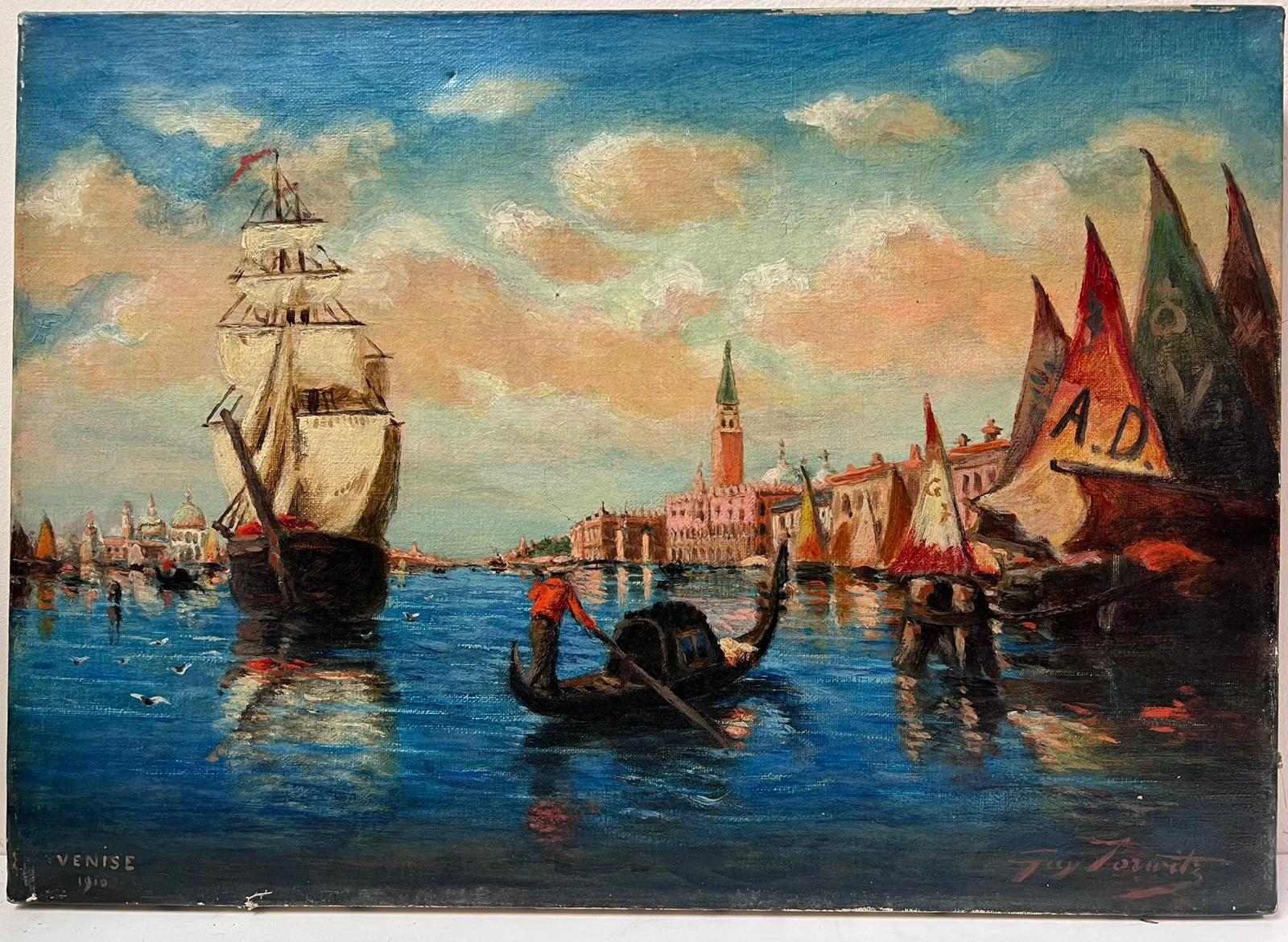 Antikes Ölgemälde auf Leinwand, „Der große Kanal von Venedig“, signiert 1910, Viele Boote, signiert – Painting von Italian antique
