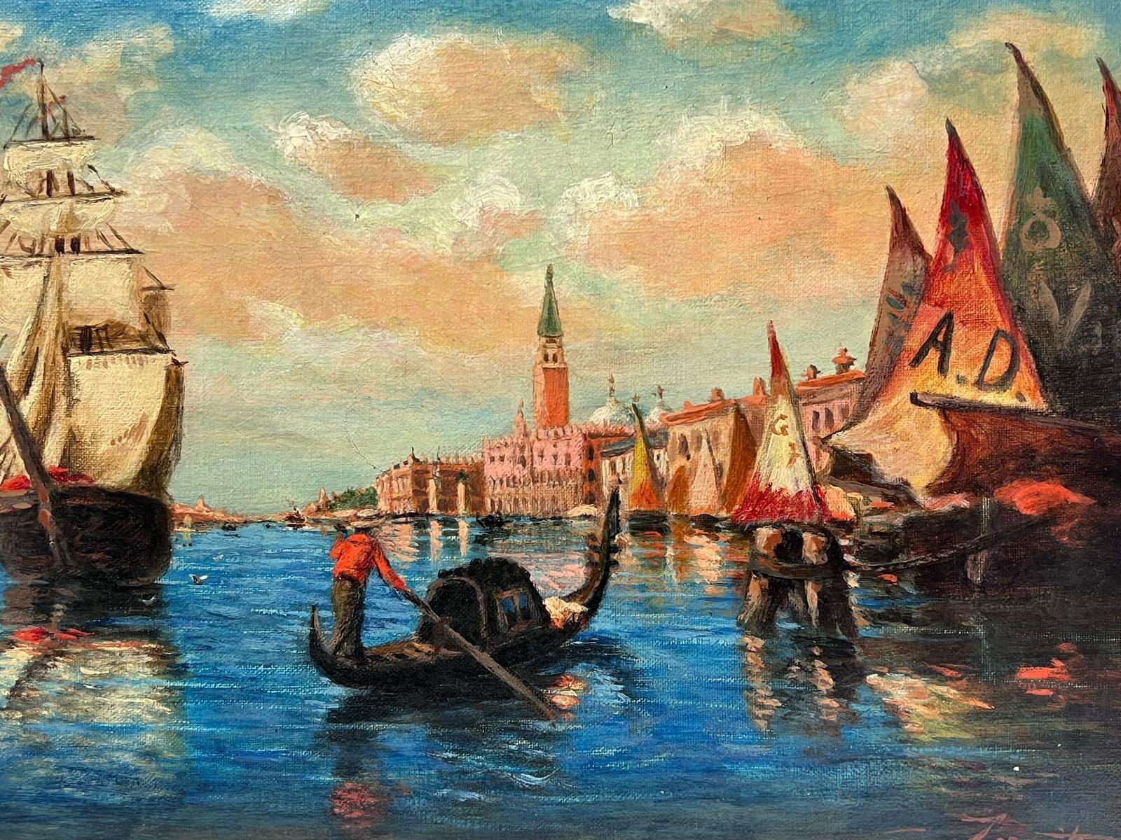 The Grand Canal Venice Antique 1910 Signed Oil Painting on Canvas Many Boats For Sale 2