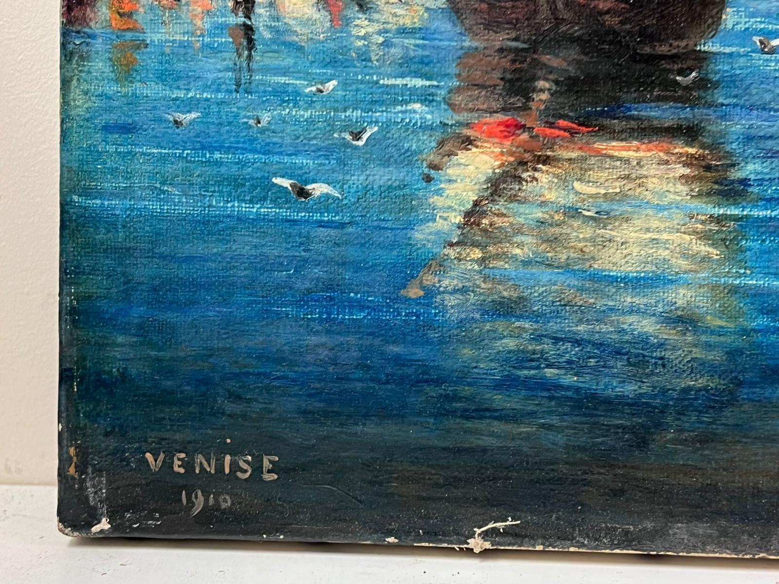 The Grand Canal Venice Antique 1910 Signed Oil Painting on Canvas Many Boats For Sale 3