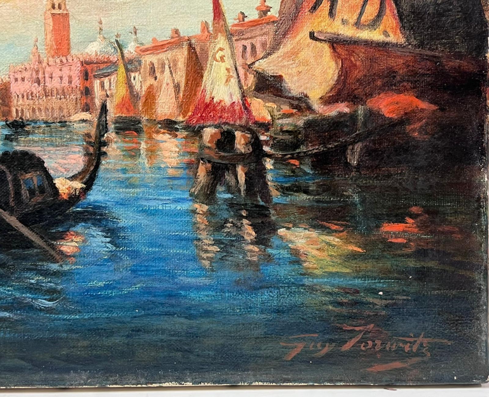 The Grand Canal Venice Antique 1910 Signed Oil Painting on Canvas Many Boats For Sale 4