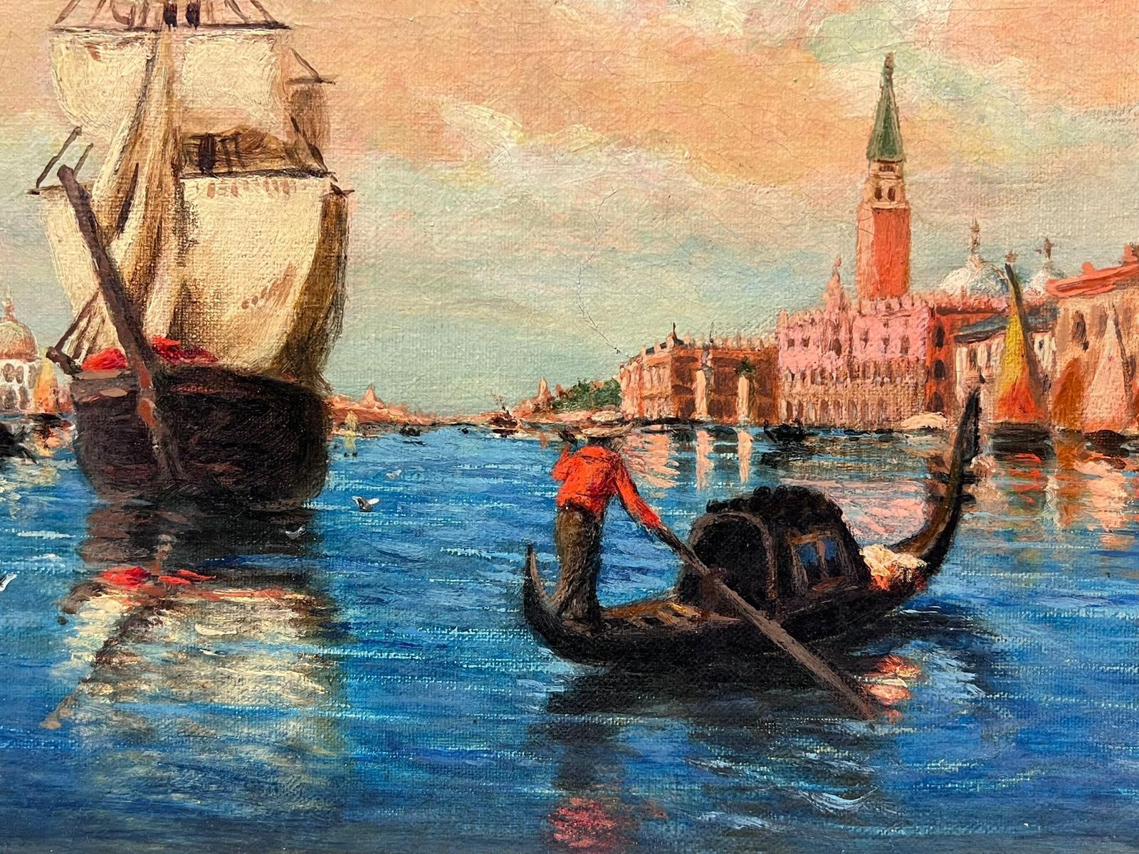 The Grand Canal Venice Antique 1910 Signed Oil Painting on Canvas Many Boats For Sale 6