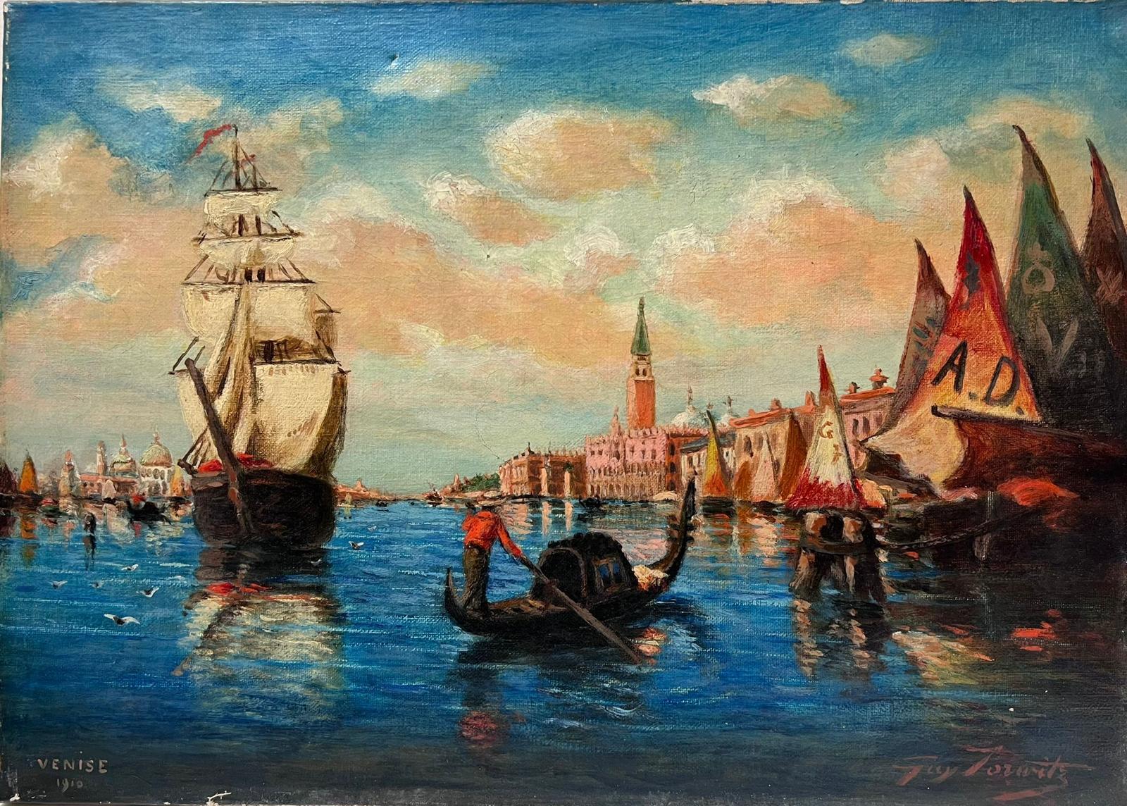 Italian antique Landscape Painting – Antikes Ölgemälde auf Leinwand, „Der große Kanal von Venedig“, signiert 1910, Viele Boote, signiert