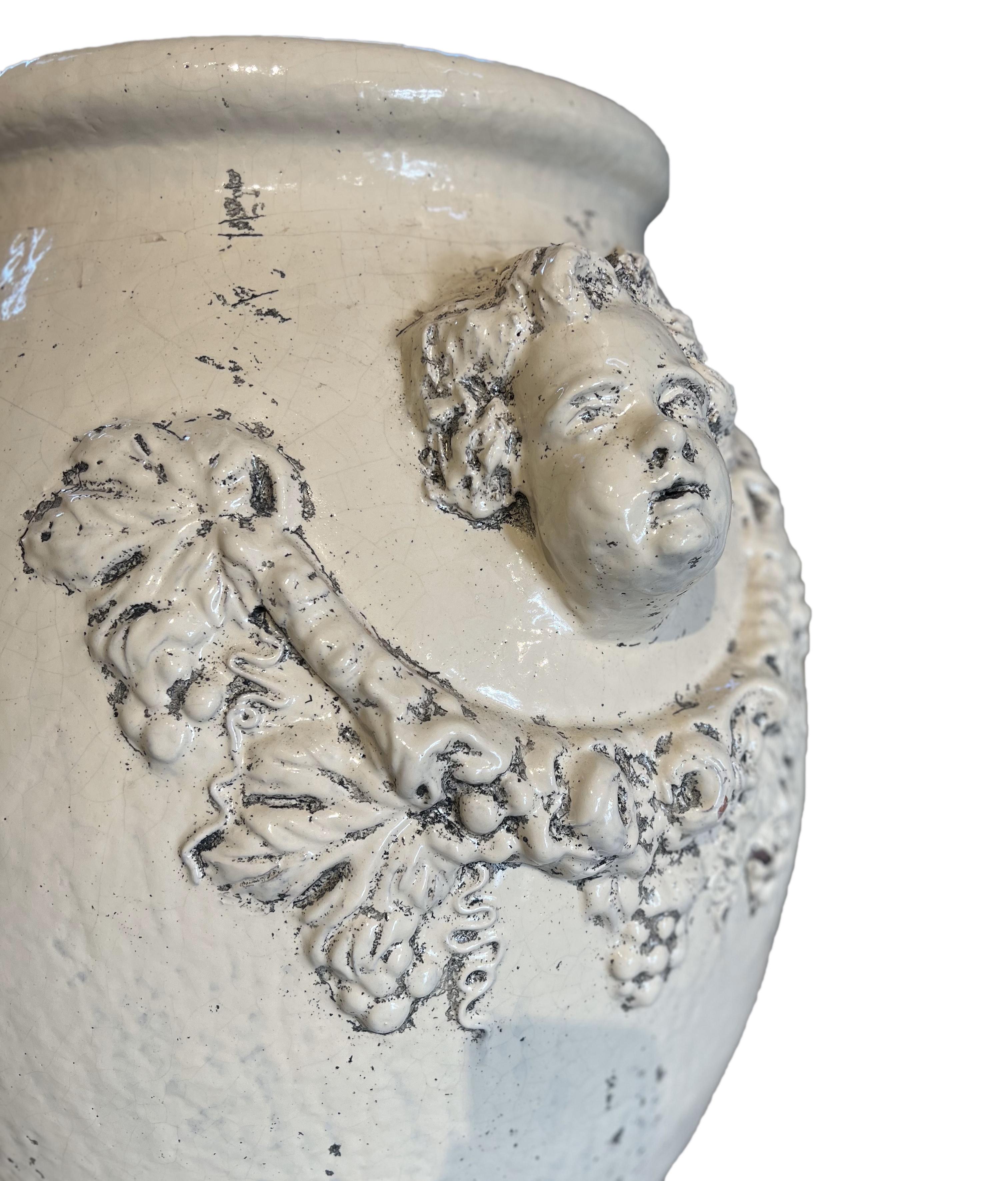 19th Century Italian Antique Pair of Terracotta Glazed Garden Urns with Cherubs 5