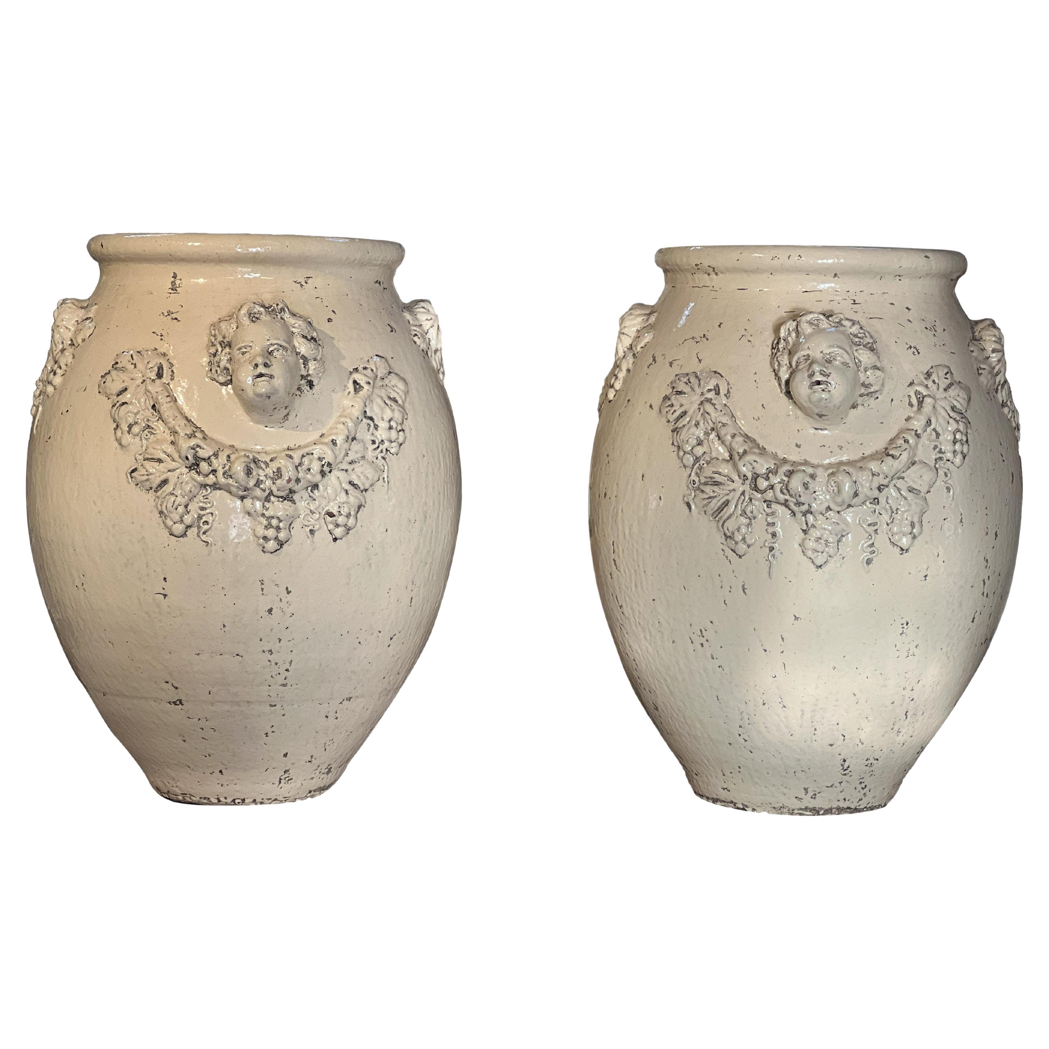 19th Century Italian Antique Pair of Terracotta Glazed Garden Urns with Cherubs