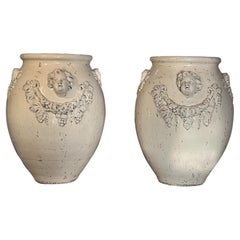 Italian Antique Pair of Terracotta Glazed Garden Urns with Cherubs