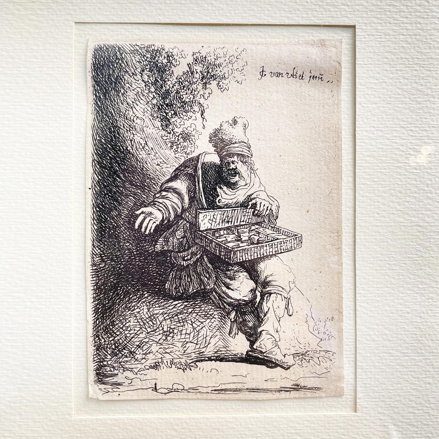 Italian Antique Picture Etching Print of a Street Seller in Wooden Frame, 1800s In Good Condition For Sale In MIlano, IT