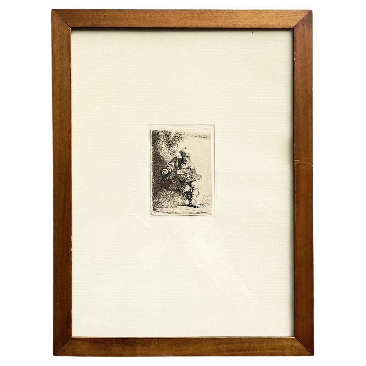 Stampa antica italiana all'acquaforte di un venditore ambulante in cornice di legno, 1800 in vendita