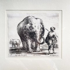 Italian Antique Picture Etching Print of Man and Elephant by Langlois, 1648