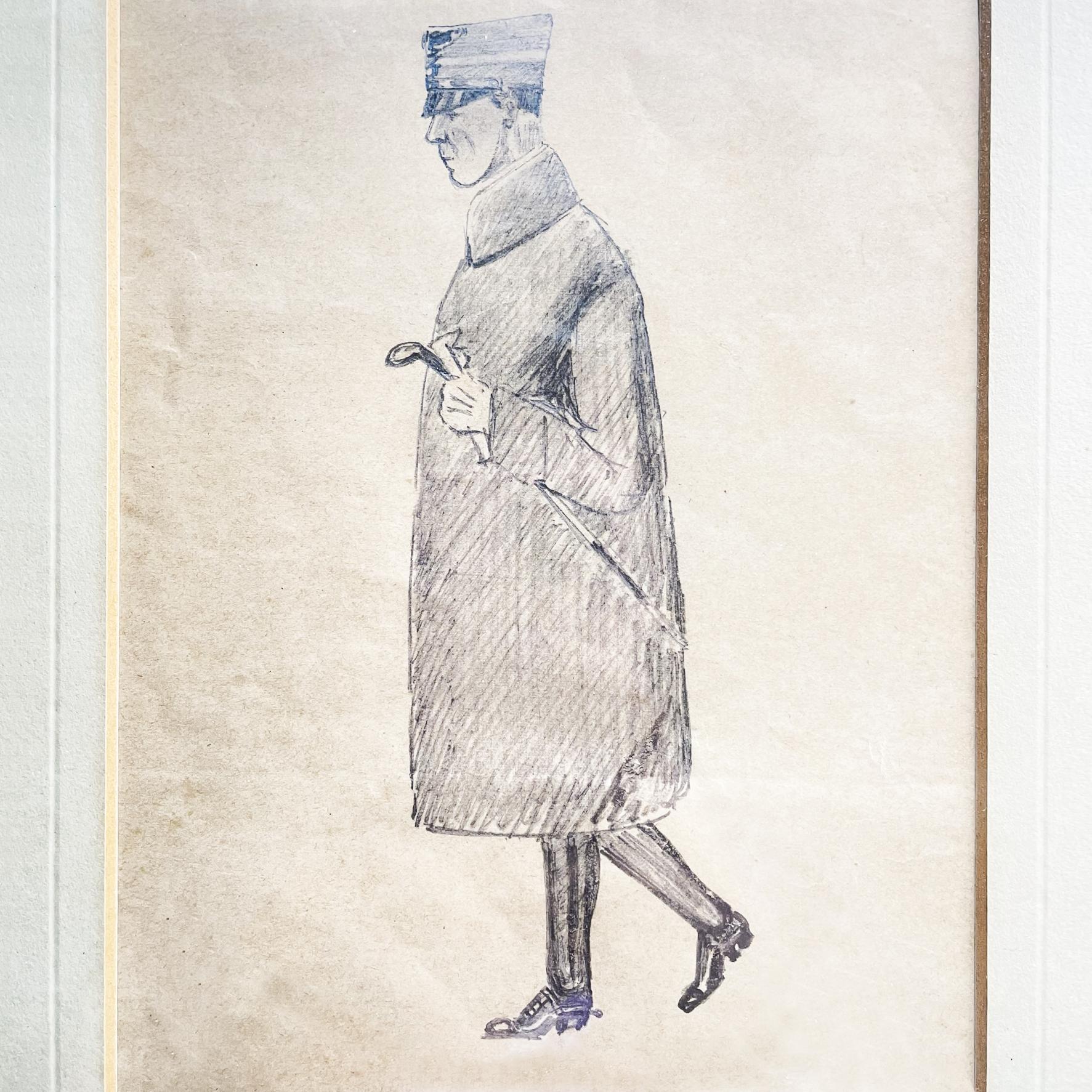 Italian antique Picture pencil drawing on paper of a man, in wooden frame, 1900s
Fantastic pencil drawing on paper, representing a walking man in a coat with a hat and walking stick (probably a police officer). In white beige passepartout and wooden