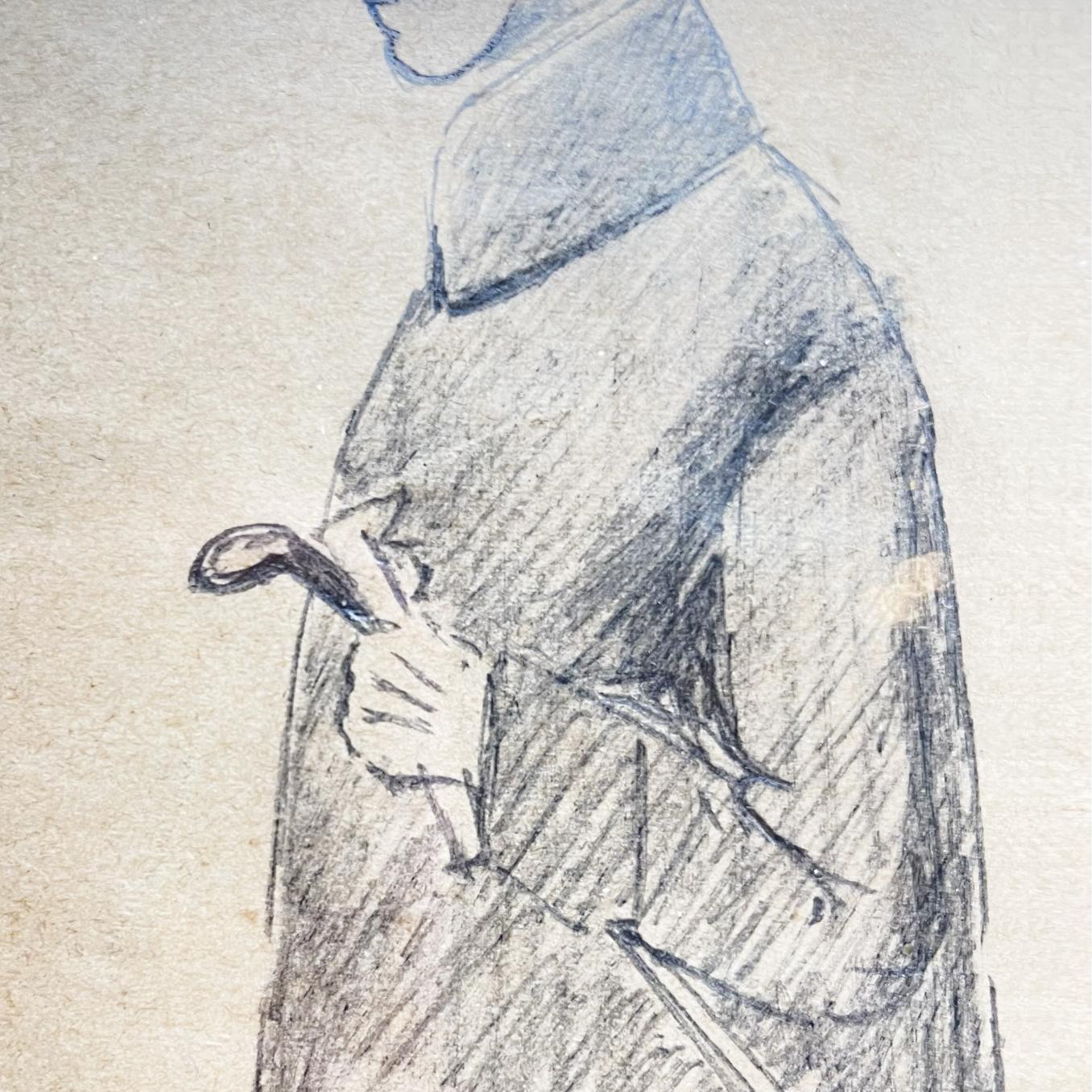 20th Century Italian Antique Picture Pencil Drawing on Paper of a Man, in Wooden Frame, 1900s For Sale