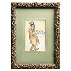 Italian Midcentury Picture Watercolor Ink Drawing of a Man in Wooden Frame, 1915