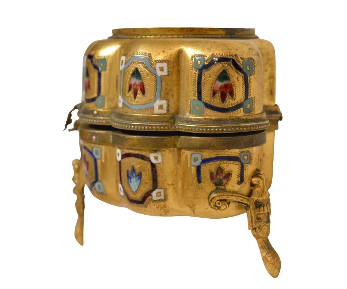 Vittoriano Scatola italiana antica in pietra dura intarsiata in bronzo dorato con smaltatura in vendita
