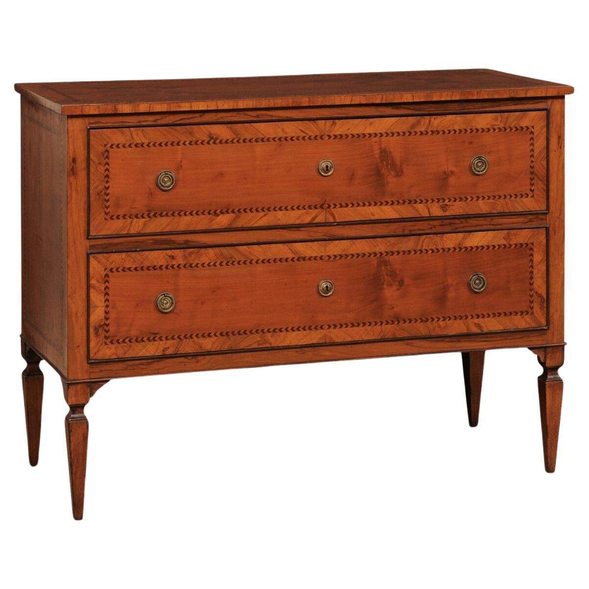 Italian Antique Raised Two-Drawer Chest w/Banding Marquetry Inlay Trim For Sale