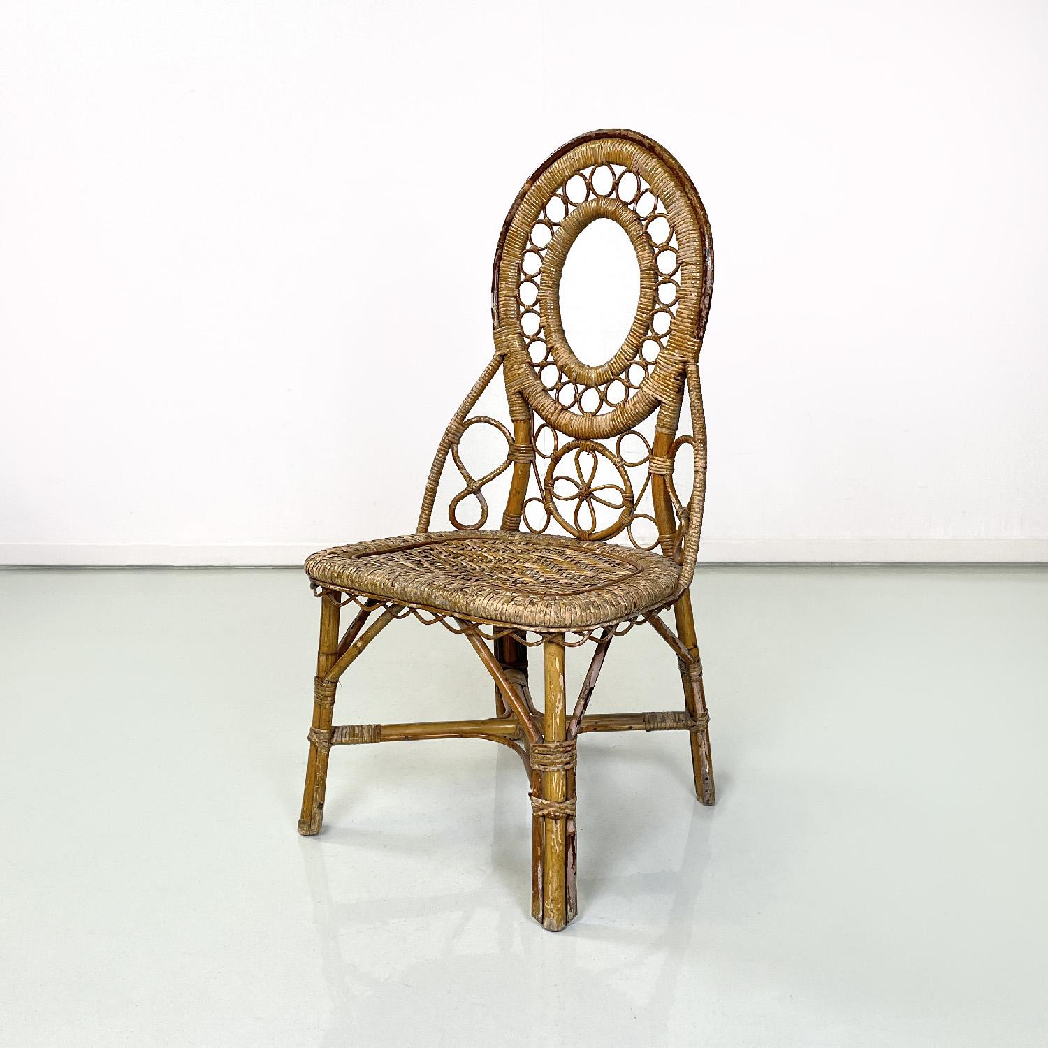Early 20th Century Italian antique rattan chair with floral and geometric decoration, early 1900s For Sale
