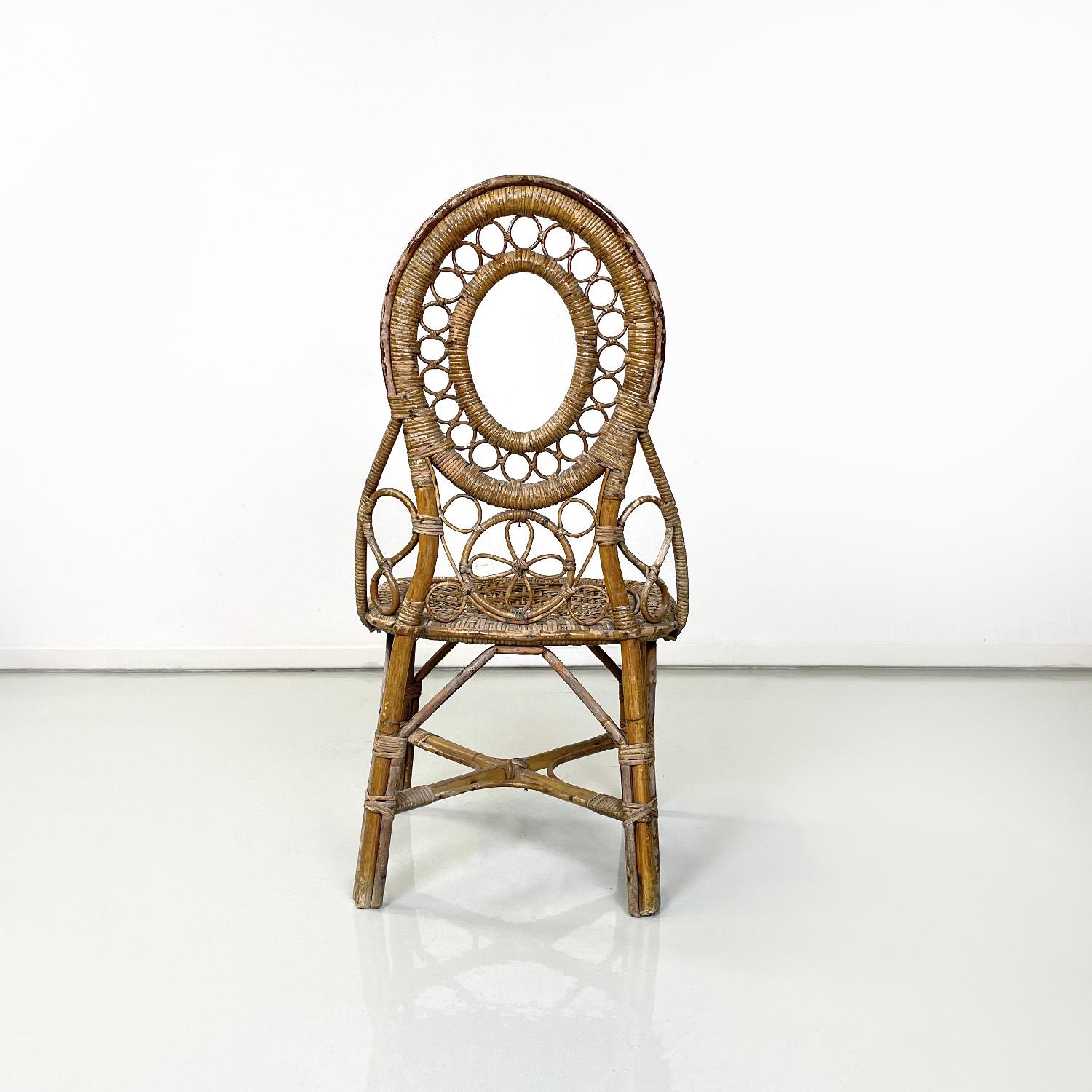 Rattan Italian antique rattan chair with floral and geometric decoration, early 1900s For Sale