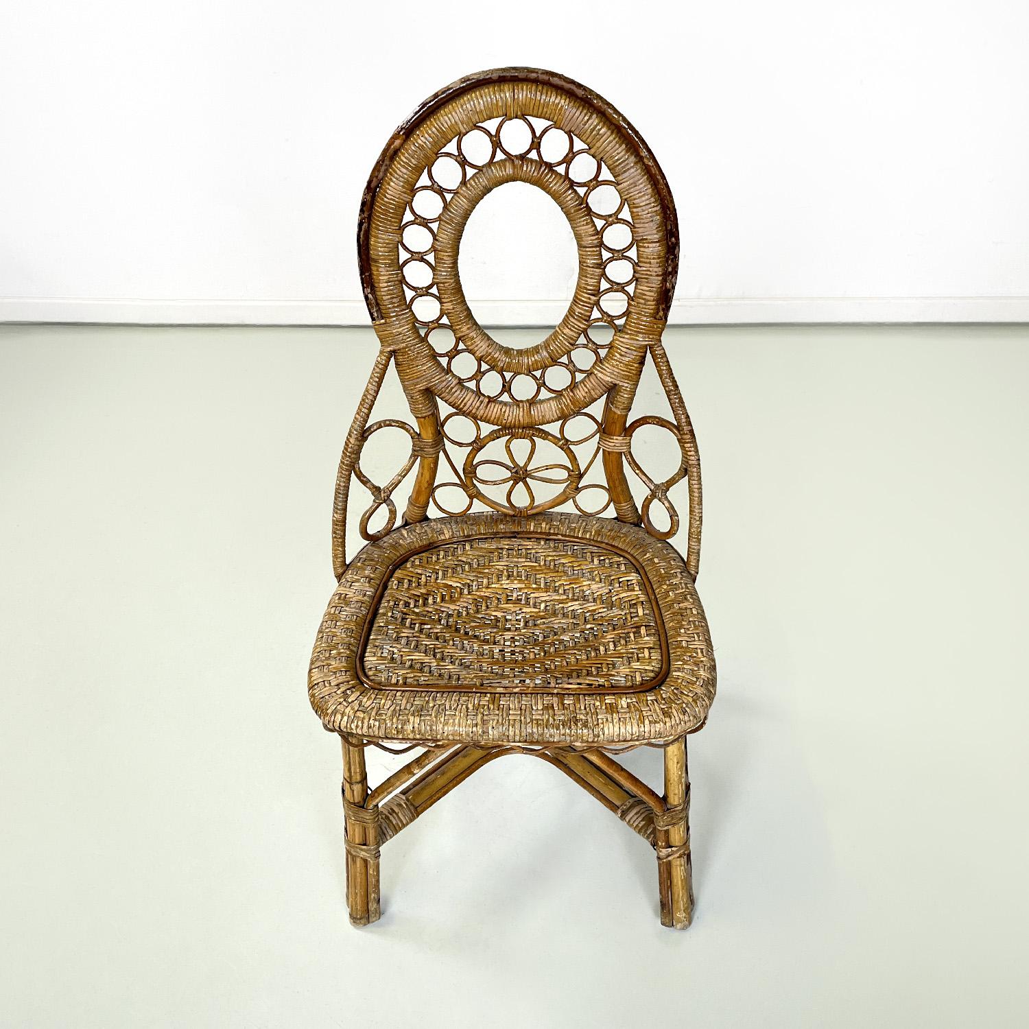 Italian antique rattan chair with floral and geometric decoration, early 1900s For Sale 2