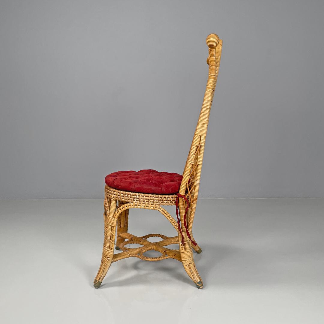 Early 20th Century Italian antique rattan chairs with round decorations and red pillows early 1900s For Sale