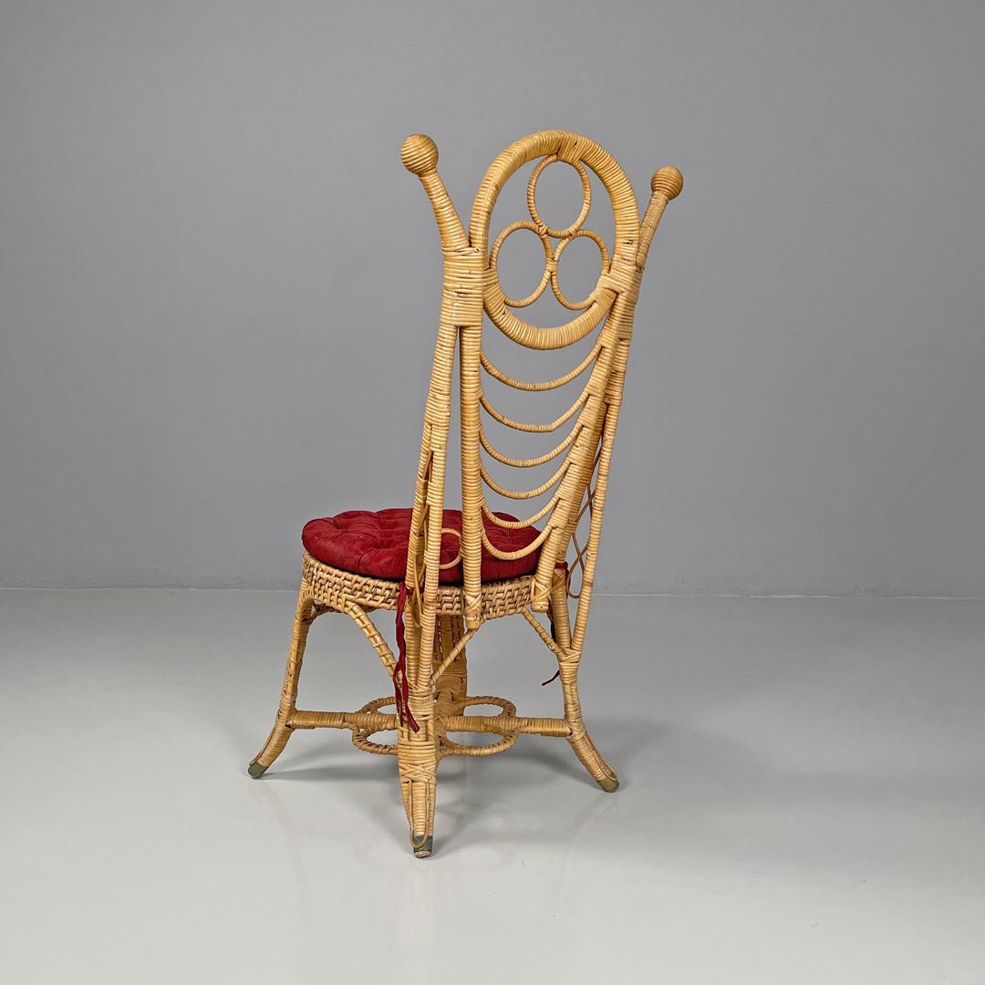 Metal Italian antique rattan chairs with round decorations and red pillows early 1900s For Sale