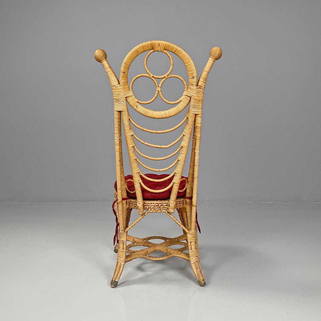 Italian antique rattan chairs with round decorations and red pillows early 1900s For Sale 1