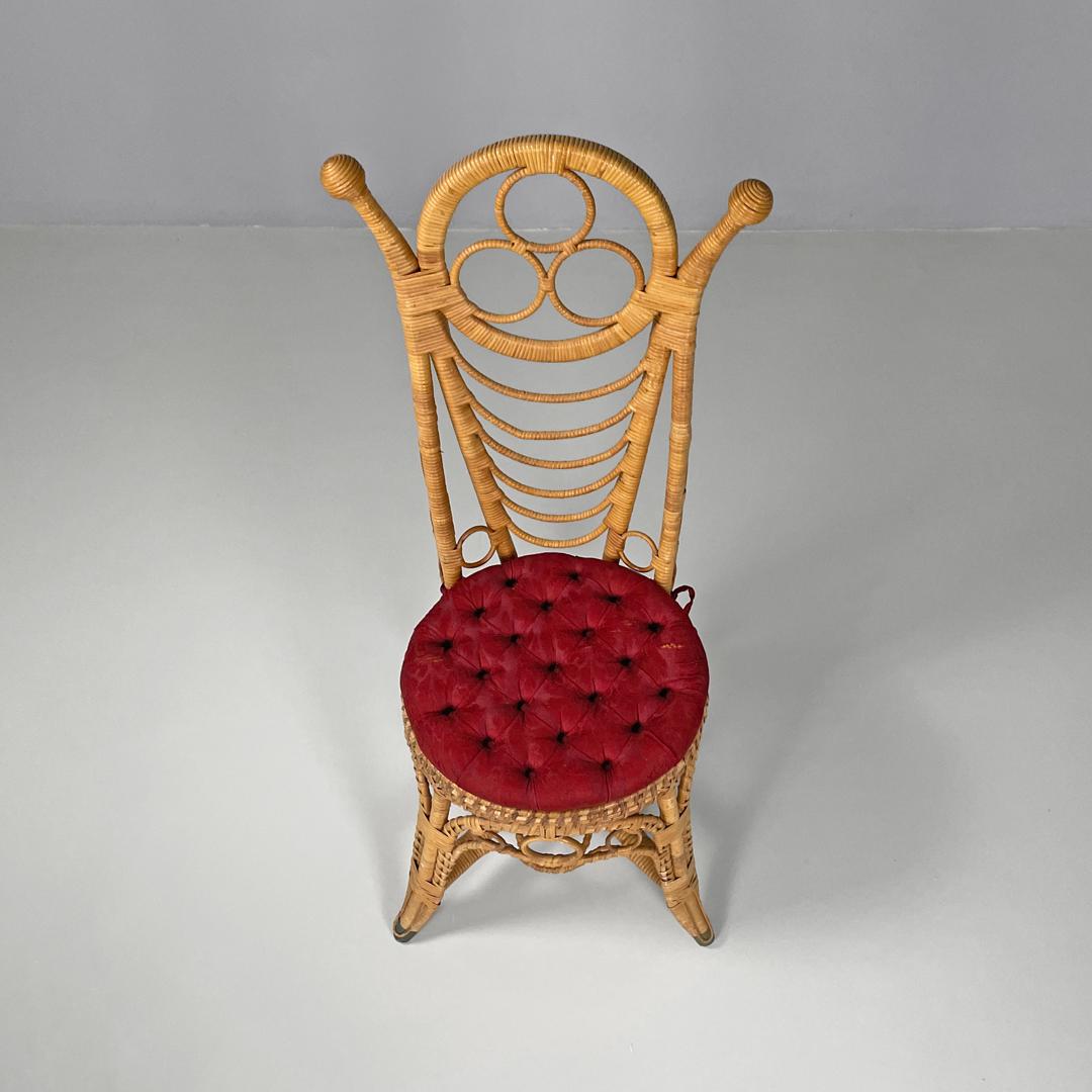 Italian antique rattan chairs with round decorations and red pillows early 1900s For Sale 2