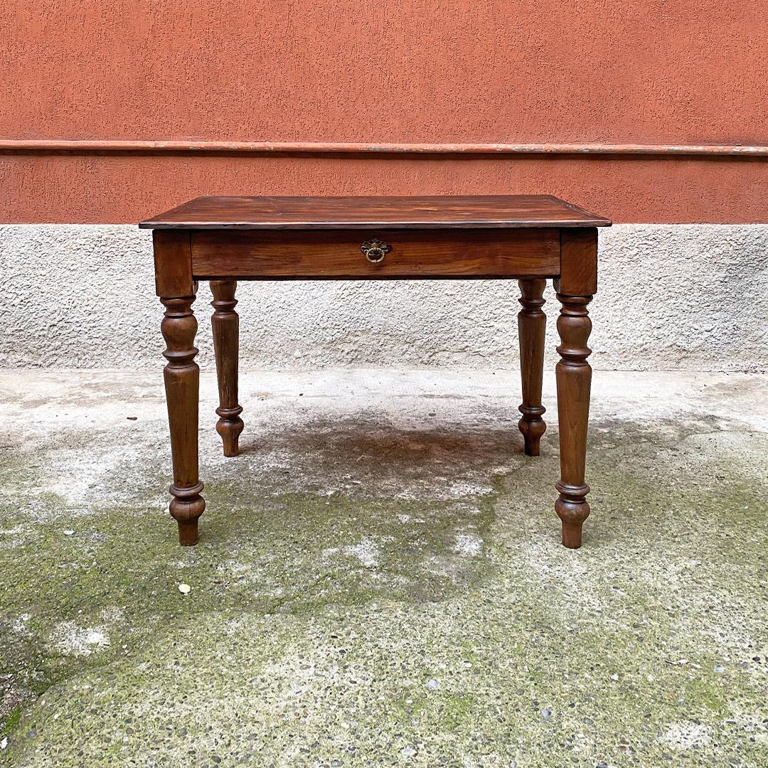 Romantic Italian Antique Rectangular Fir Table with Brass Handle and Shaped Legs, 1910s For Sale