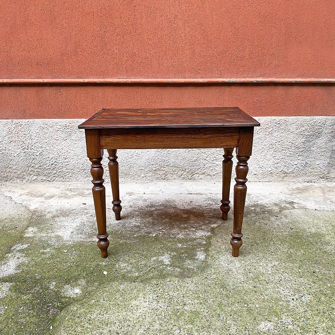 Early 20th Century Italian Antique Rectangular Fir Table with Brass Handle and Shaped Legs, 1910s For Sale